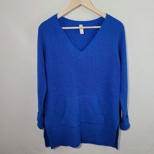 Lole Blue Wool Blend VNeck Kangaroo Pocket Sweater